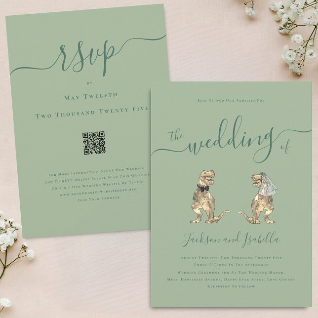 Convite Tema Dinossauro Casamento Sage Código Verde QR (Dinosaur theme wedding sage green QR code invitation Elegant modern script T-Rex dino Bride & groom)