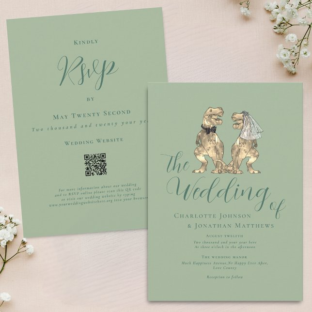 Convite Tema Dinossauro Casamento Sage Código Verde QR (Dinosaur theme wedding sage green QR code invitation Modern elegant script fun T-Rex dino couple)