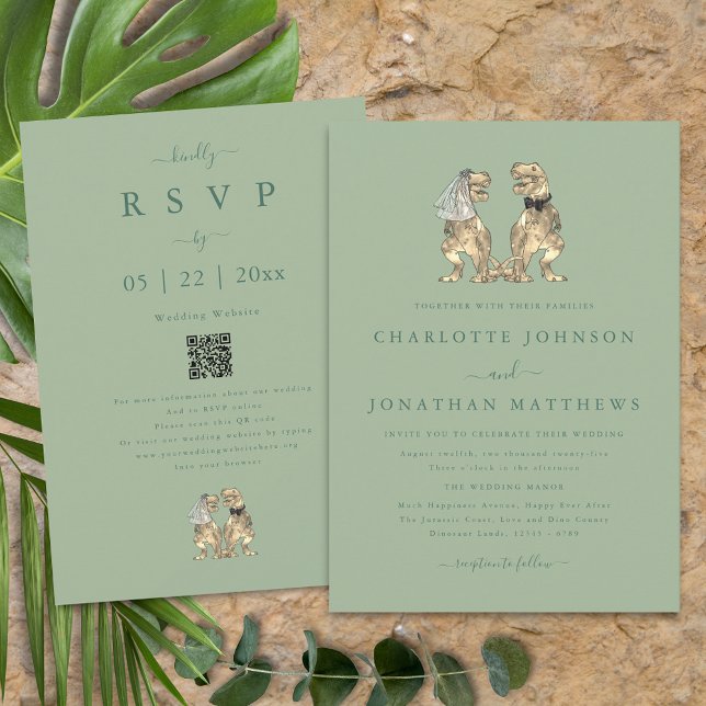 Convite Tema Dinossauro Casamento Sage Verde Código Qr (Dinosaur theme wedding qr code sage green invitation T-Rex dino bride & groom modern elegant script)