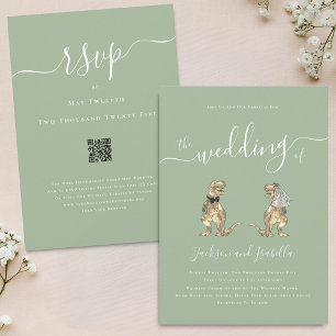 Convite Tema Dinossauro Casamento Sage Verde Código QR Bra
