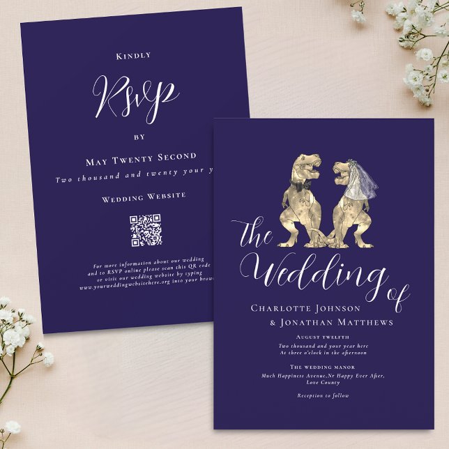 Convite Tema Dinossauro Marinho Casamento Azul Código QR B (Dinosaur theme wedding navy blue and white QR code invitation Elegant modern script )