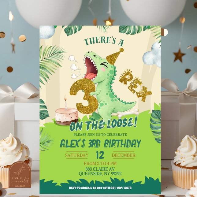 Convite Tema Dinossauro Menino Verde 3-Rex Terceiro Aniver (Criador carregado)