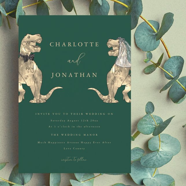 Convite Tema Dinossauro Verde de Casamento (Dinosaur theme dark green wedding invitation modern typography funny T-Rex dino bride and groom)