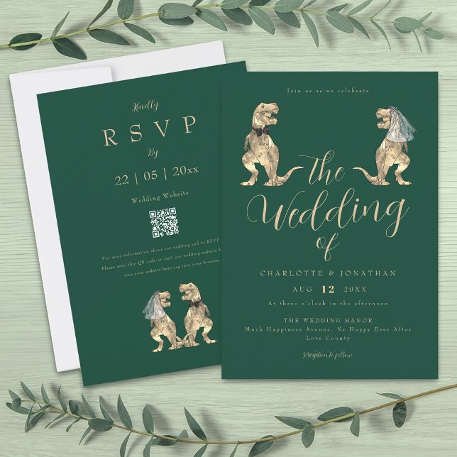 Convite Tema Dinossauro Verde de Casamento (Dinosaur theme wedding dark green QR code invitation funny T-Rex dino Bride & groom elegant script )
