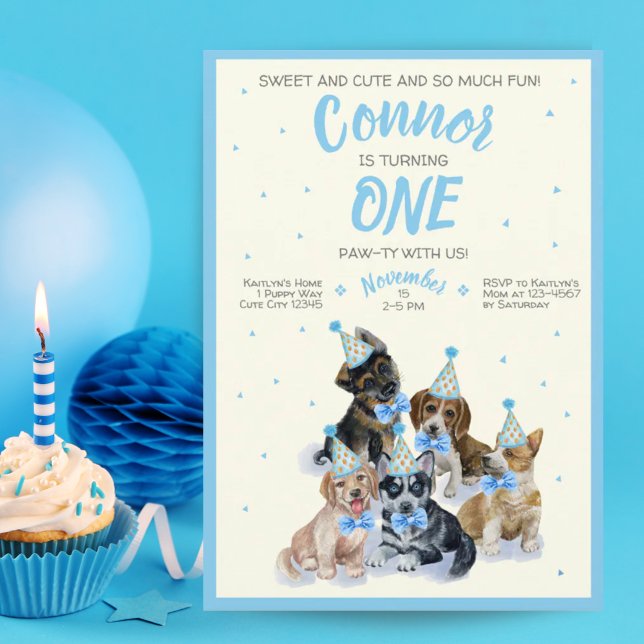 Convite Tema do Cachorro Puppy Menino Primeira Festa de an (Puppy Dog Theme Boy First Birthday Party Invitatio)