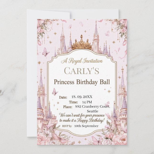 Convite Tema do Castelo da Princesa Baile Real de Aniversá (Frente)