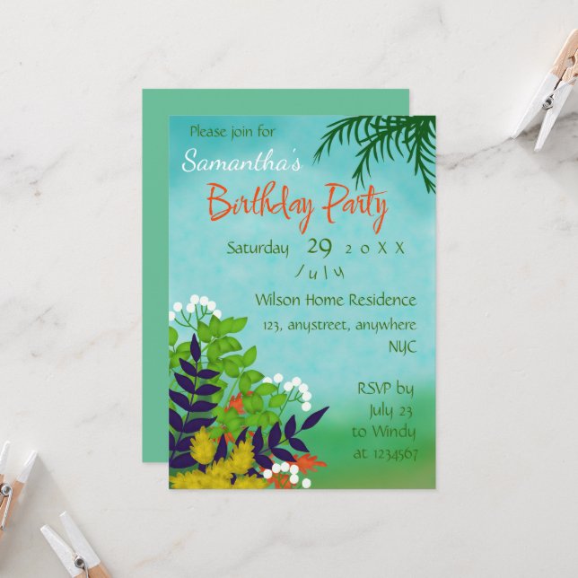 Convite Tema do Céu Azul do Jardim Verde de Aniversário (Frente/Verso In Situ)