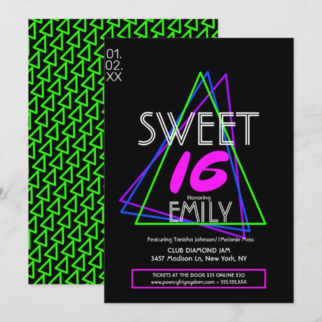Convite Tema do Clube de Flyer Sweet 16 Neon Geométrico (Frente/Verso)