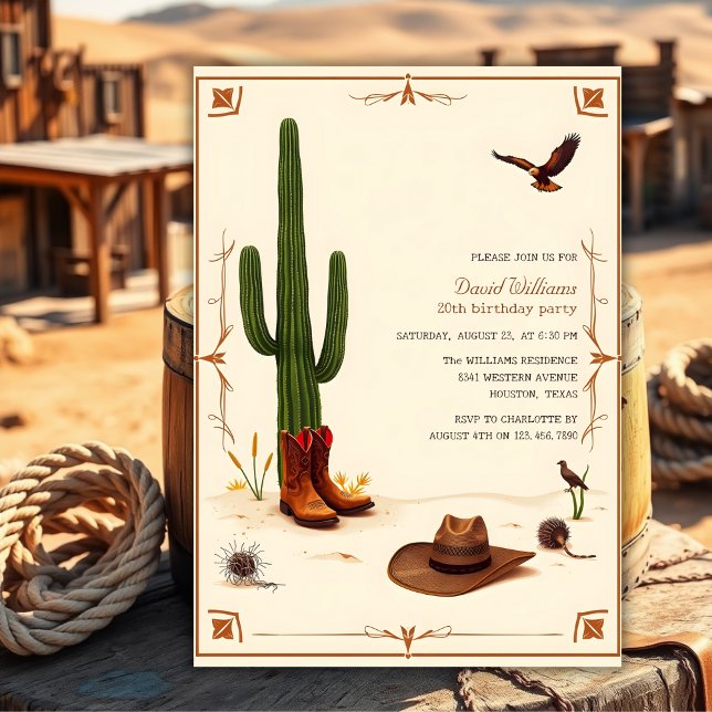 Convite Tema do Deserto do País - Aniversário do Cowboy Oc (Country Desert Theme Western Cowboy Birthday Invitation)