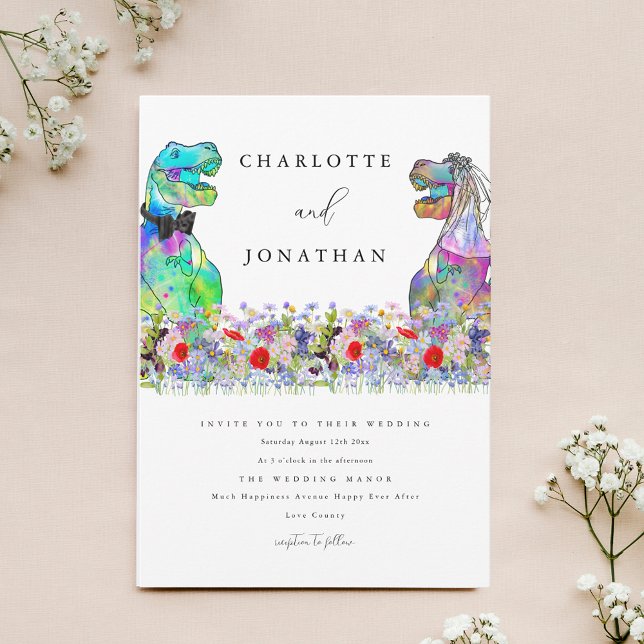 Convite Tema do Dinossauro Colorida Flor Selvagem (Colorful wildflower dinosaur theme wedding invitation)