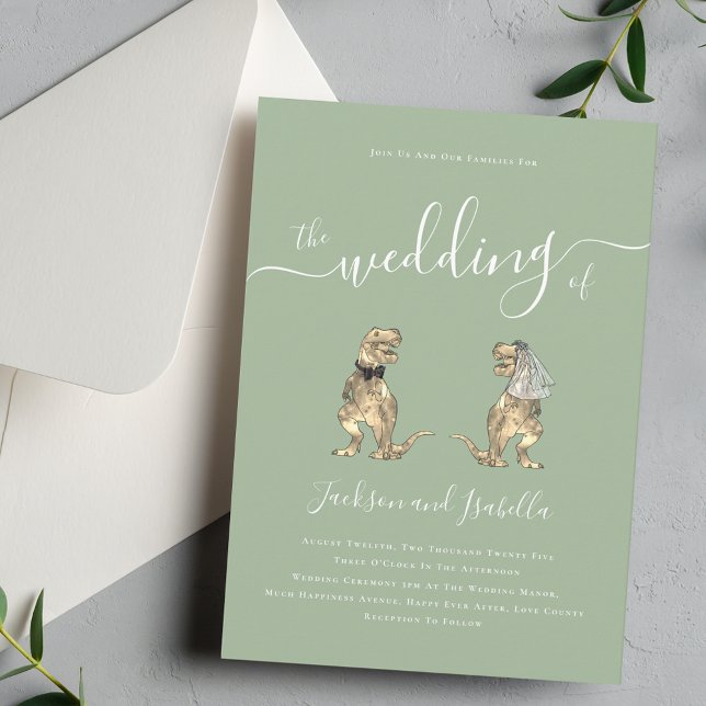Convite Tema do Dinossauro Sage Green (Sage green Dinosaur theme wedding invitation Elegant modern script calligraphy T-Rex bride and groom)