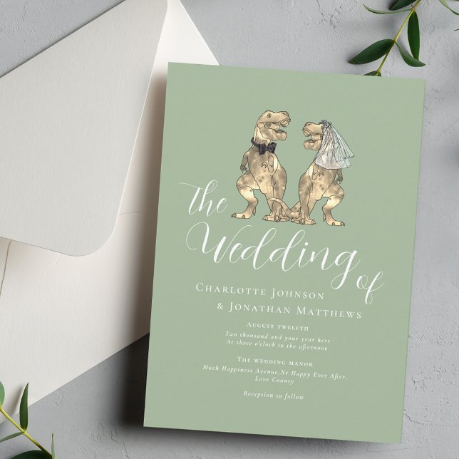 Convite Tema do Dinossauro Sage Green (Dinosaur theme wedding sage green elegant script T-Rex dino bride and groom fun destination wedding)
