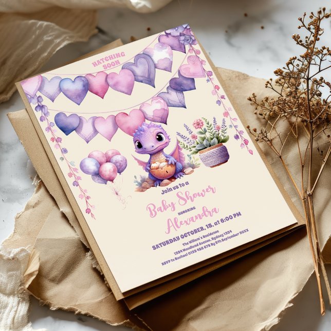 Convite Tema do Dinossauro Tema Rosa Chá de fraldas Atacan (Criador carregado)