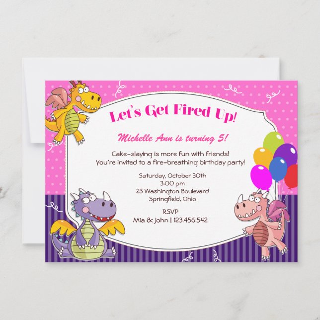 Convite Tema do Dragão para o Aniversário da Menina (Frente)