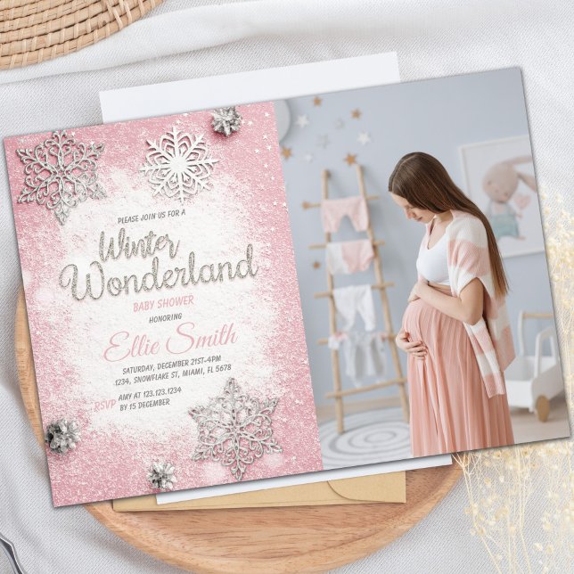 Convite Tema do Floco de Neve para Menina (Pink Silver Glitter Winter Baby Shower Invitations)