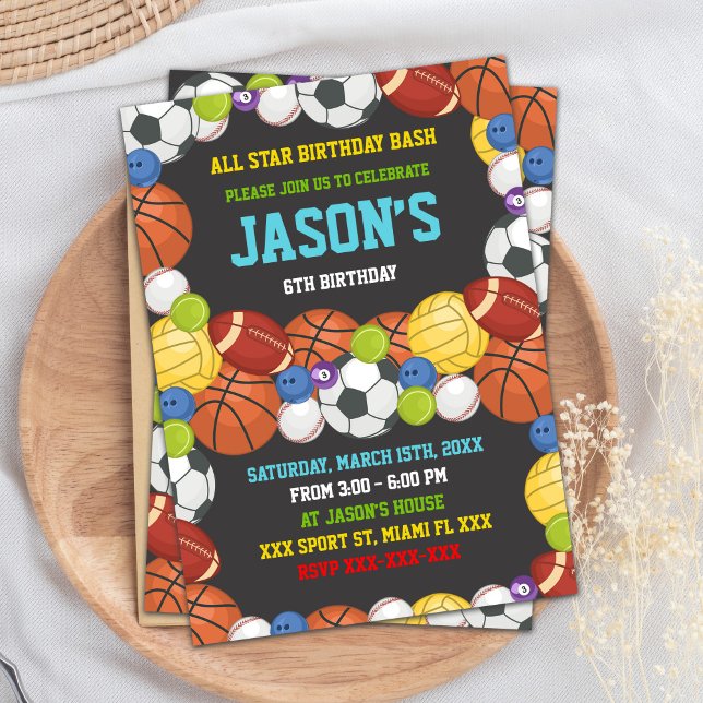 Convite Tema do grupo All-Star (Sports Party Birthday Invitations)