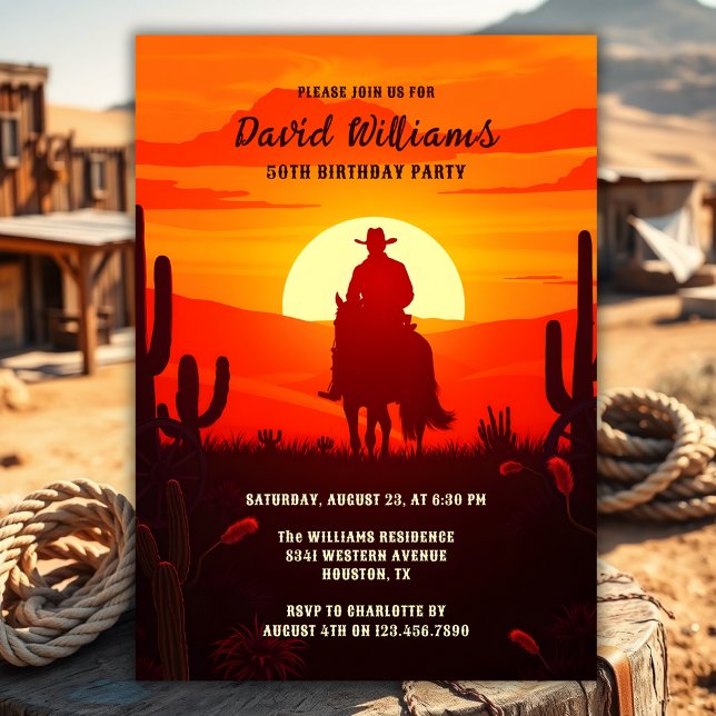 Convite Tema do País Western Cowboy 50ª Festa de aniversár (Country Theme Western Cowboy 50th Birthday Party Invitation)