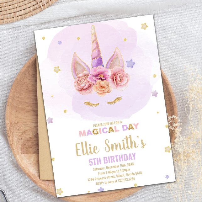 Convite Tema do Partido Magical Sparkle para Meninas (Purple Glitter Unicorn Birthday Invitations)