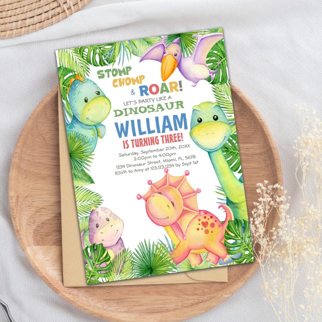 Convite Tema do Partido Pré-Histórico Bonito para Crianças (Green watercolor Dinosaur Birthday Invitations)
