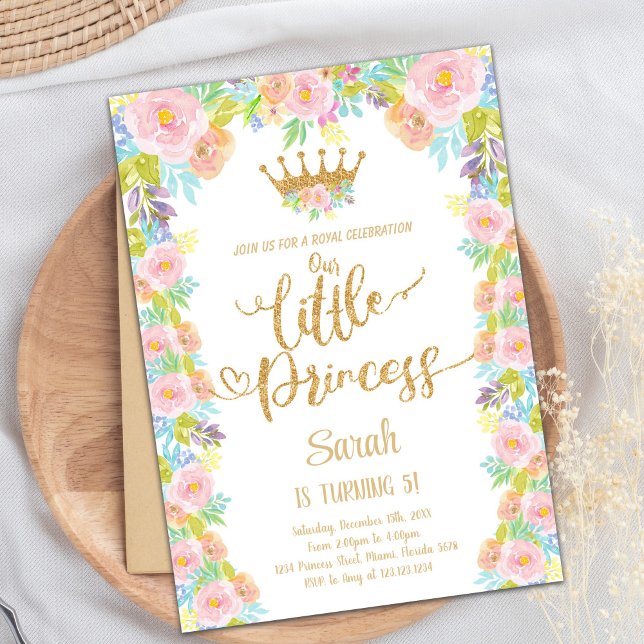 Convite Tema do Partido Real Rosa Floral para Meninas (Glitter Crown Floral Princess Birthday Invitation)