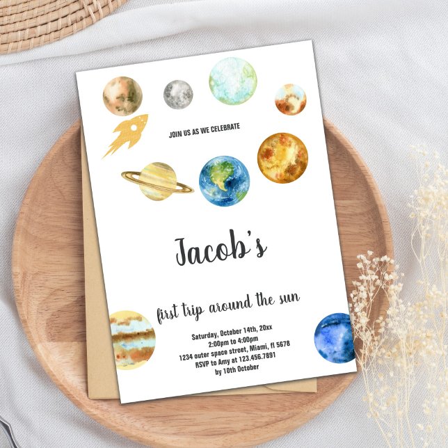 Convite Tema do primeiro aniversario de Espaço Exterior (First Trip around the sun Birthday Invitations)
