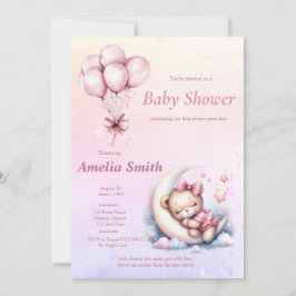 Convite Tema do Urso Bebê Sonolento, Lua Rosa