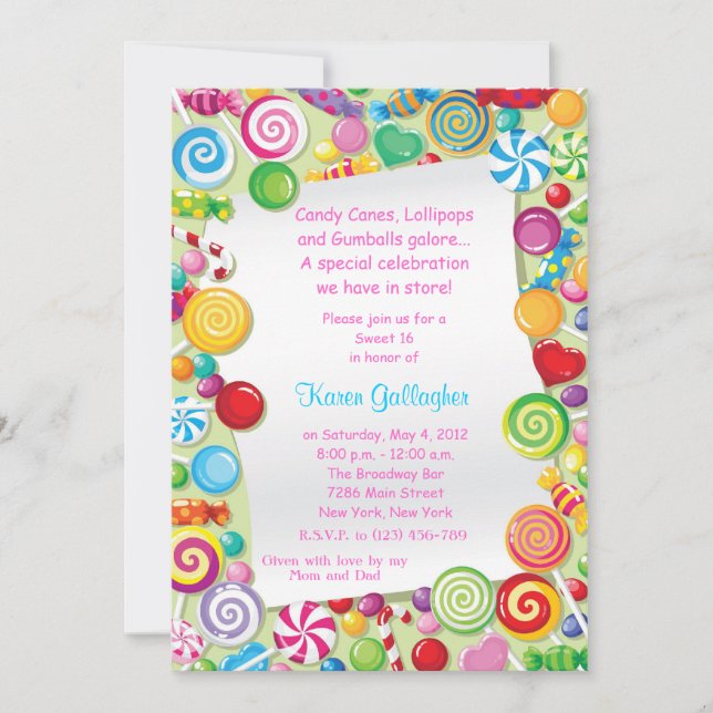 Convite Tema Doce 16 Anos Candyland (Frente)