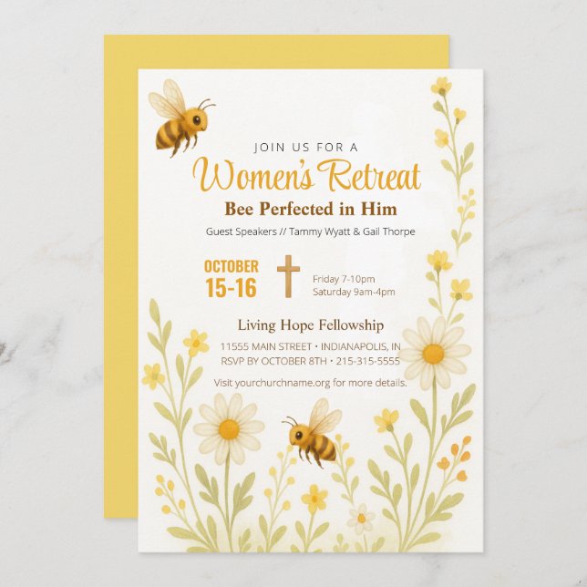 Convite Tema Dourado da Igreja Floral das Mulheres Retirad (Frente/Verso)