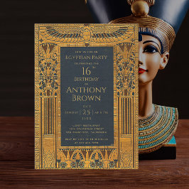 Convite Tema Egípcio Aniversário Elegante Dourado Azul Vin