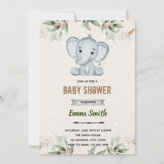 convite tema elefante folha verde (Frente)