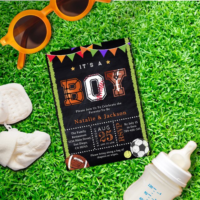 Convite Tema Esportivo Chamado de Chá Baby Boy (Sport Theme Chalkboard Baby Boy Shower Invitation)