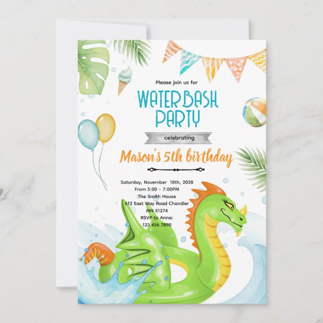 convite tema festa da piscina do dragão (Frente)