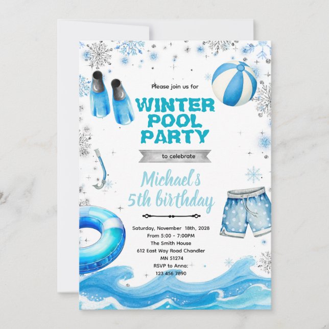 convite tema festa na piscina de inverno (Frente)
