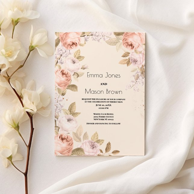 Convite Tema floral de marfim rosa-rosa-boho-roxo (Rustic boho pink coral ivory floral theme Wedding )