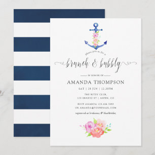 Convite Tema Floral Náutico em Aquarela Brunch e Espumante