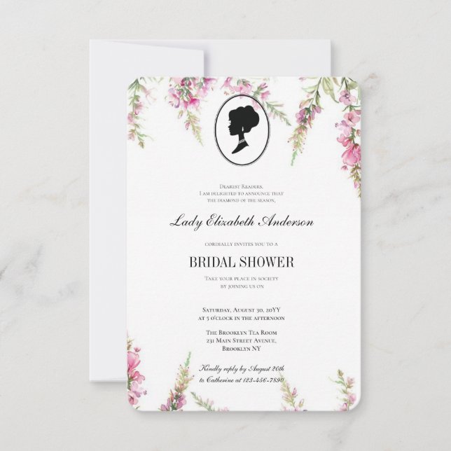 Convite Tema floral rosa de Bridgerton, chá de noiva Regen (Frente)