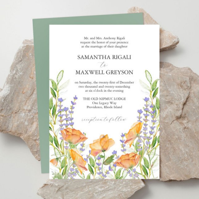 Convite Tema Formal de Casamento de Flores Selvagens Water (Fairytale wedding invitations package features watercolor orange and lavender florals)