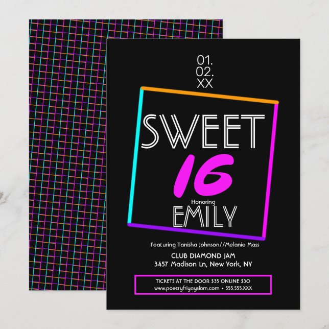 Convite Tema Geométrico Neon do Clube de Flyer Sweet 16 (Frente/Verso)