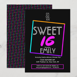 Convite Tema Geométrico Neon do Clube de Flyer Sweet 16