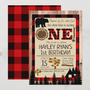 Convite Tema Lumberjack do Flannel do Urso primeiro aniver