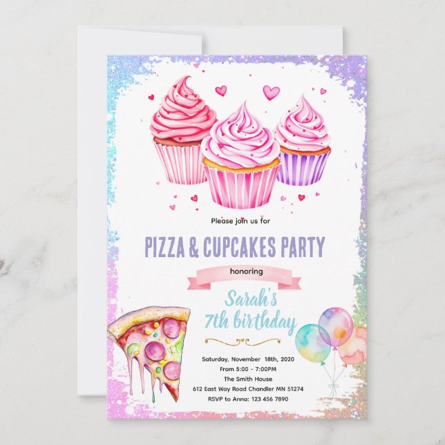 convite tema menina cupcake pizza (Frente)