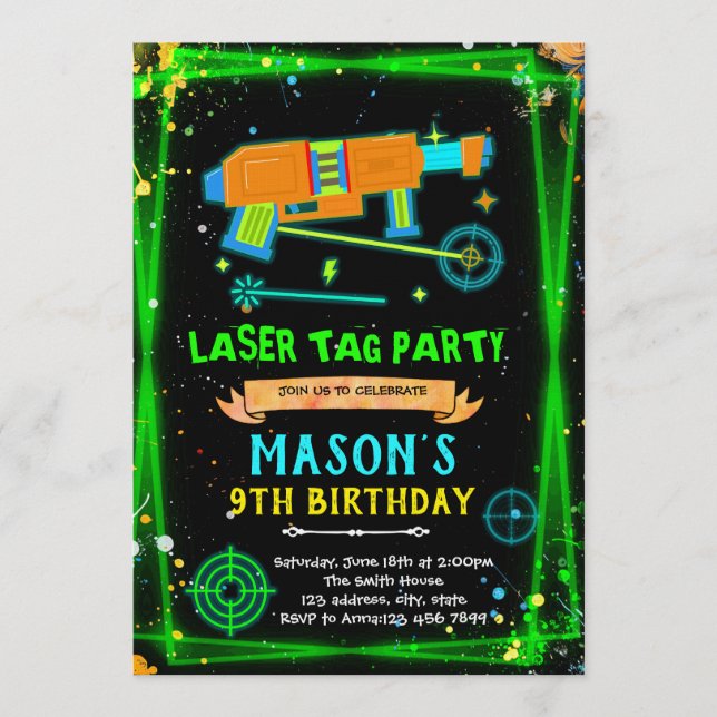 convite tema menino de Neon Laser Tag (Frente)
