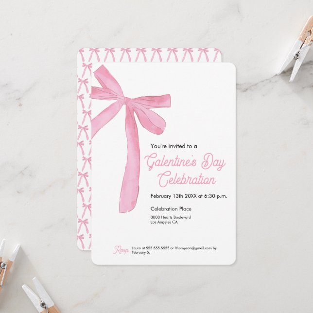 Convite Tema moderno do arco da fita rosa-do-dia Galentine (Frente/Verso In Situ)