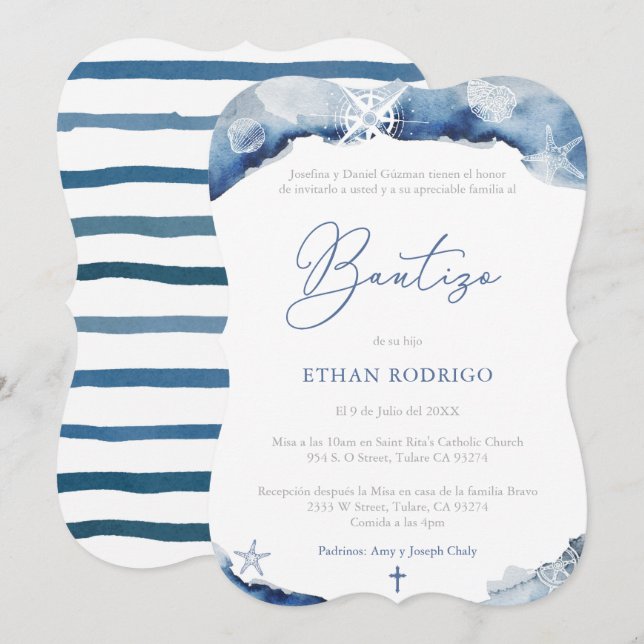 Convite Tema Náutico do Batismo Espanhol, Bautizo Niño (Frente/Verso)