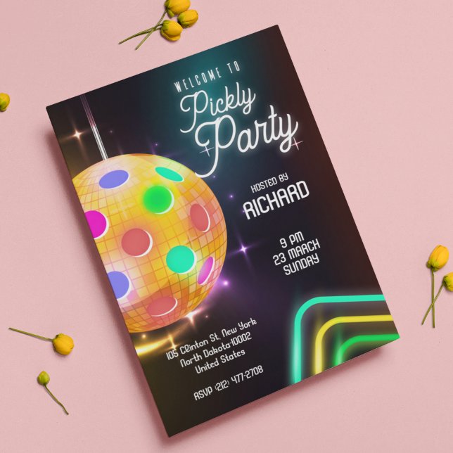 Convite Tema Neon Esportes de Pickleball Festa com Bola de (Criador carregado)