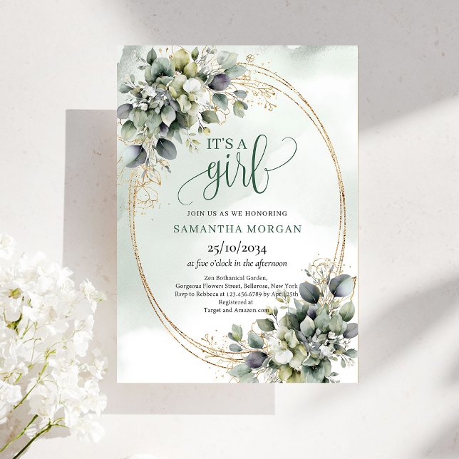 Convite Tema Ouro Verde Botânico É Uma Menina (Botanical Green Gold Theme It’s A Girl Invitation)