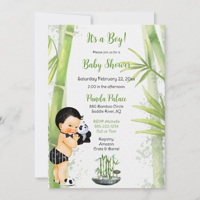 Convite Tema Panda Bambu Bebê Menino Preto Branco Verde (Frente)