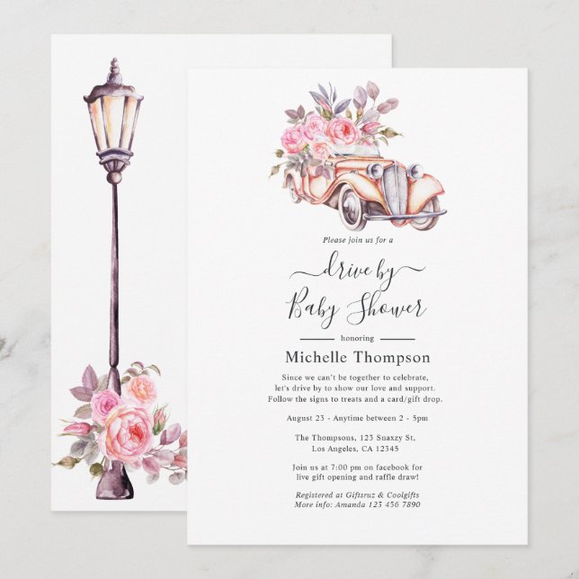 Convite Tema Paris, Cor Floral Rosa, Por Chá (Frente/Verso)