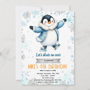 convite tema patins no gelo pinguim de inverno