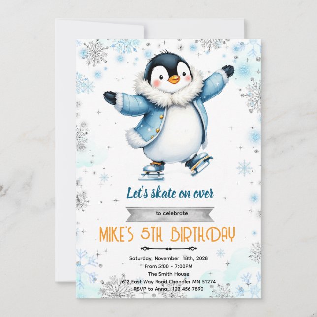 convite tema patins no gelo pinguim de inverno (Frente)